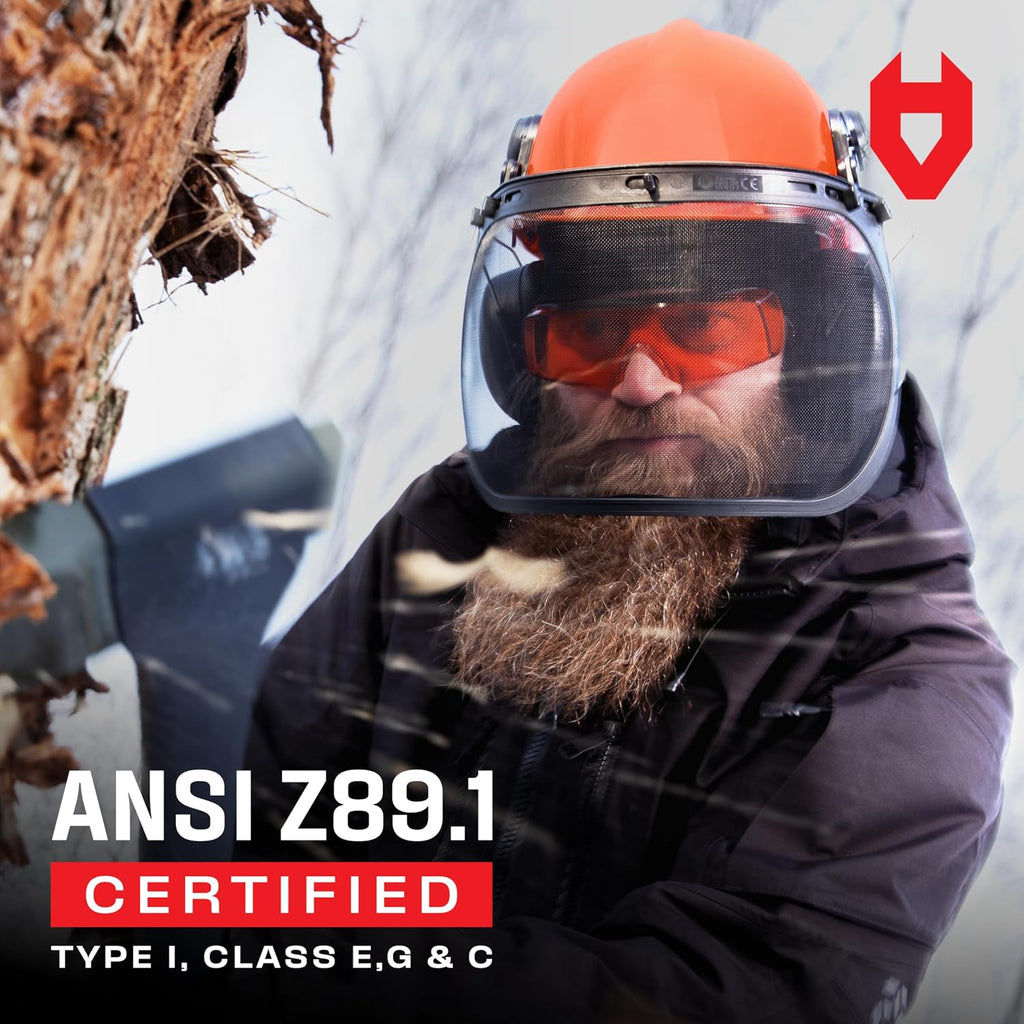 6-in-1 Industrial Chainsaw Helmet with Face Shield and Ear Muffs — Mesh & Clear Plastic Visors Included — ANSI Z89.1