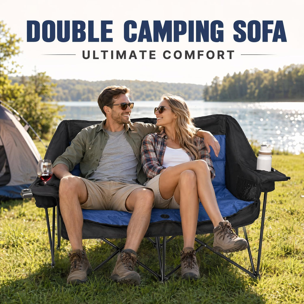 Double Camping Chairs for Adults Folding Loveseat, Heavy Duty Oversized 2 Person Camping Couch Outdoor Portable