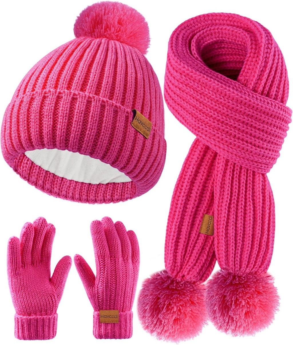 Kids Winter Hat Scarf Gloves Set - Girls Boys Fleece Lined Beanie Hat with Pom Knit Scarf Warm Mittens for Children