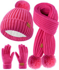 Kids Winter Hat Scarf Gloves Set - Girls Boys Fleece Lined Beanie Hat with Pom Knit Scarf Warm Mittens for Children