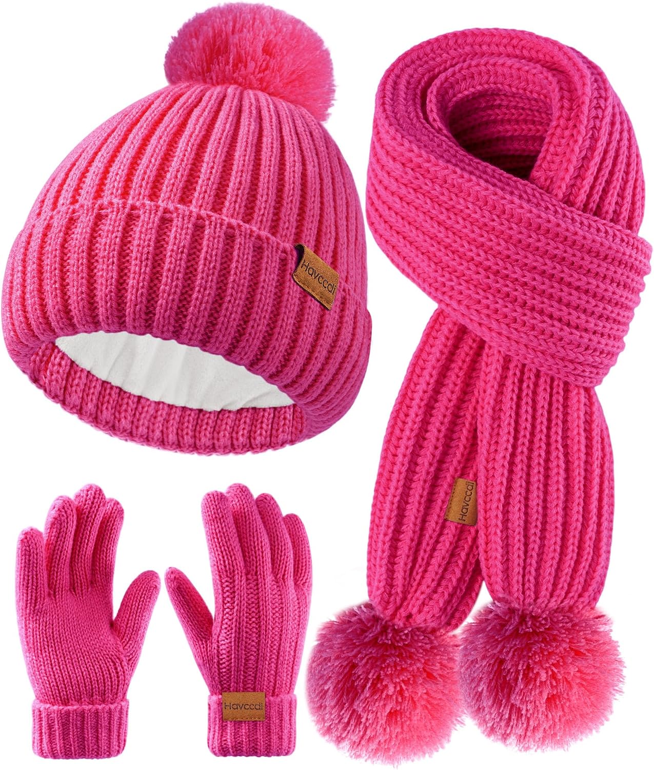 Kids Winter Hat Scarf Gloves Set - Girls Boys Fleece Lined Beanie Hat with Pom Knit Scarf Warm Mittens for Children