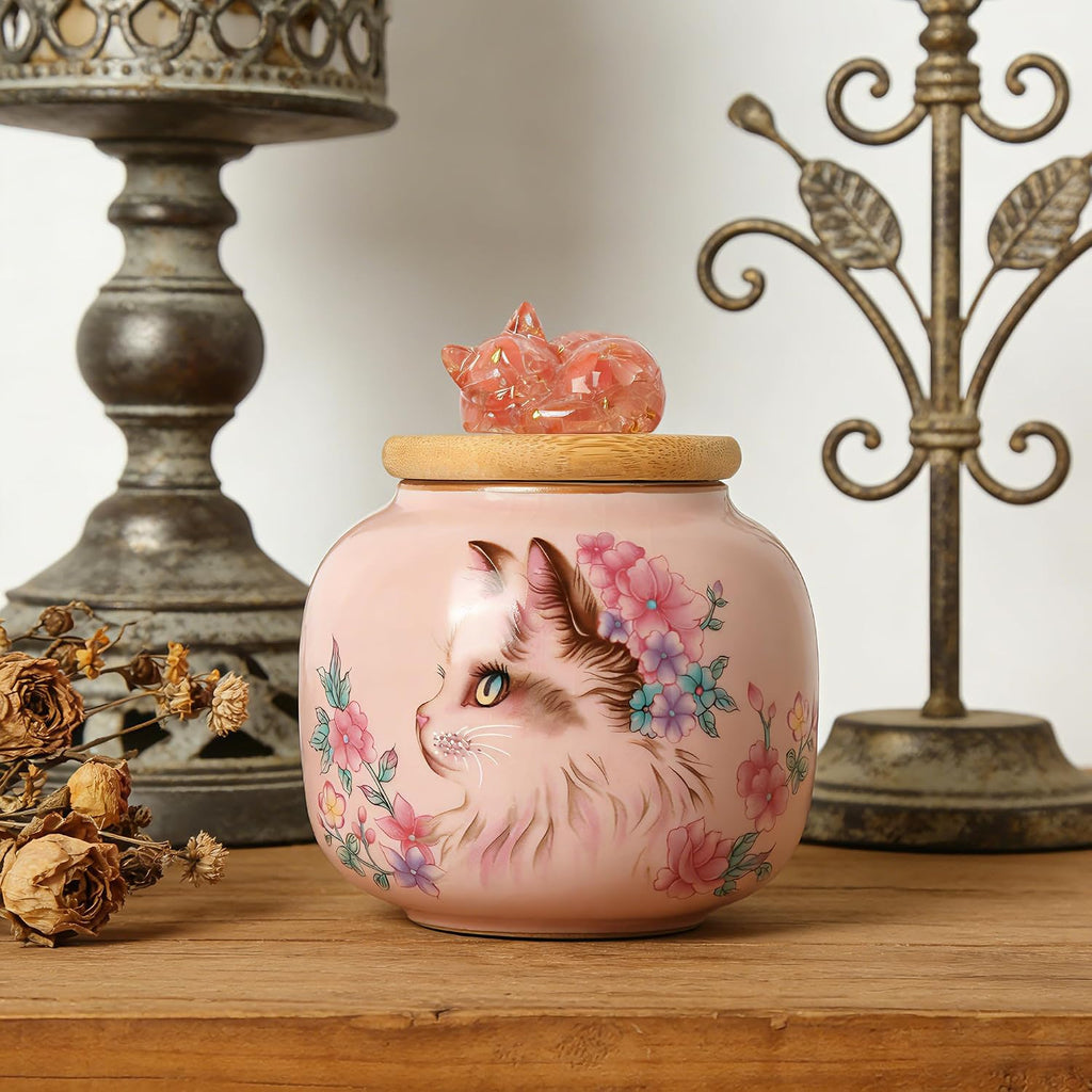 Ceramic Cat Urn for Ashes, Small Pet Urn with Crystal Cat Sculpture on Top, Pet Cremation Keepsake with Pink Cat