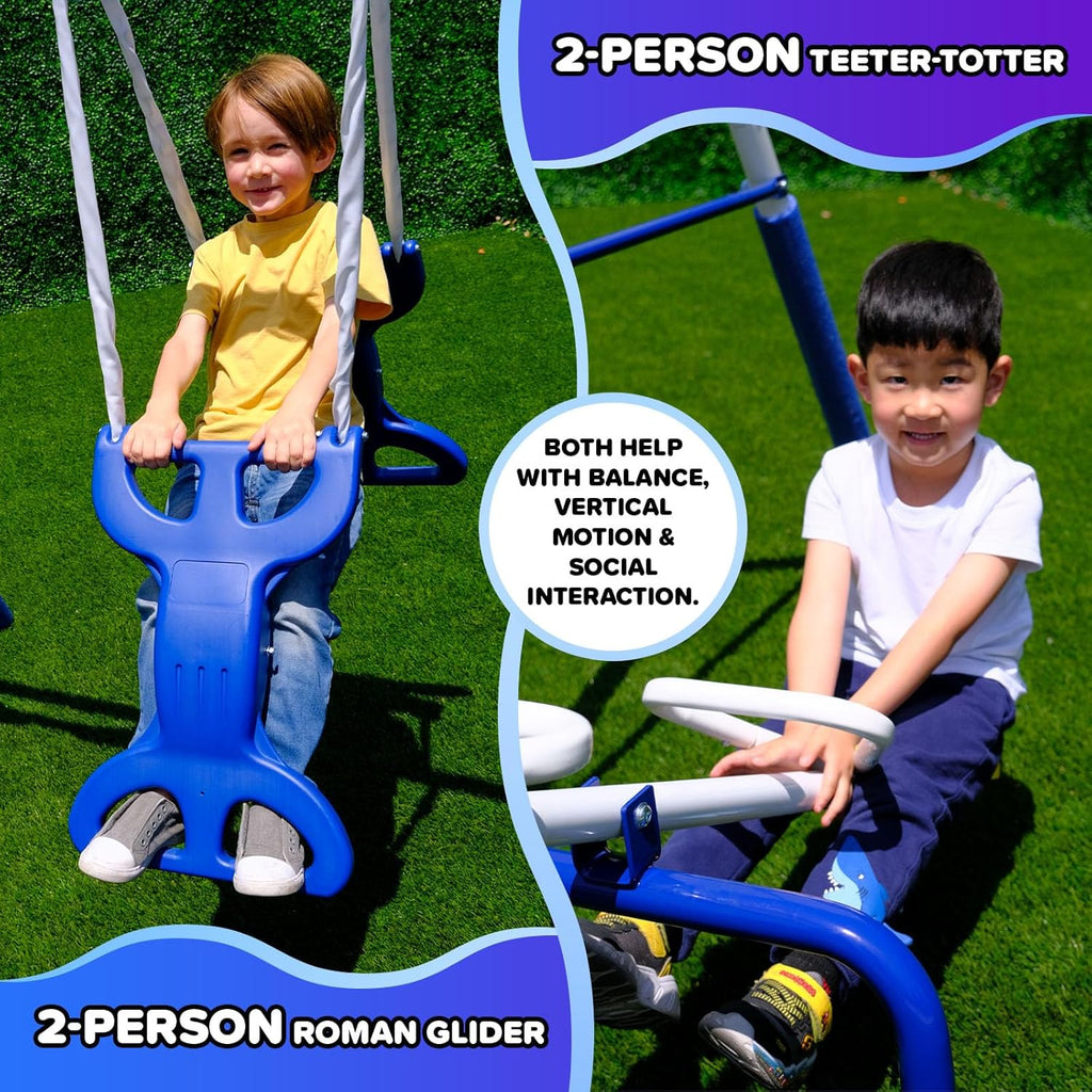 Super 9 Metal Swing Set for Outdoor Backyard Play: Teeter Totter, Glide Ride, Roman Glider, Standing Swing, Trapeze