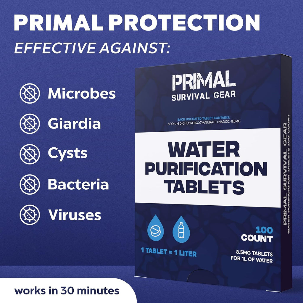 Water Purification Tablets - Water Purifier Tablets for Emergency Water - Hiking, Camping, Survival, Emergency –
