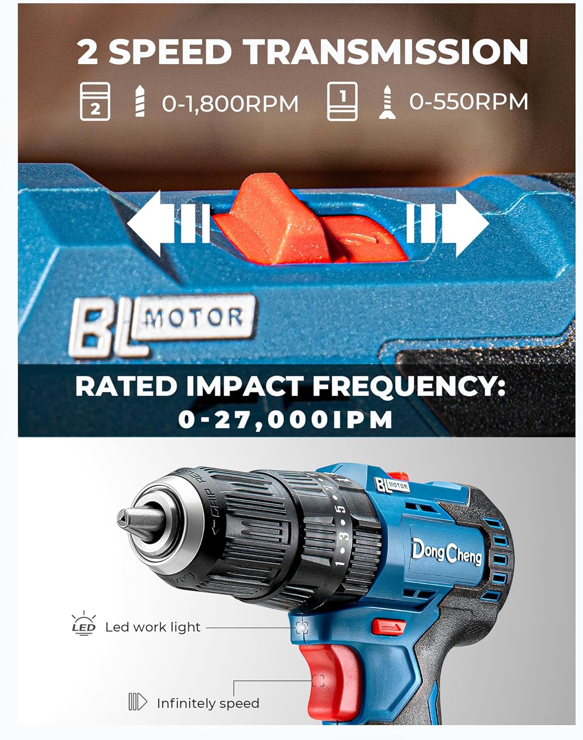 20V Brushless Heavy-duty Impact Drill, 443 in-lbs, 27000 IPM, 1/2" Keyless Metal Chuck, 20+1+1 Clutch, Cordless
