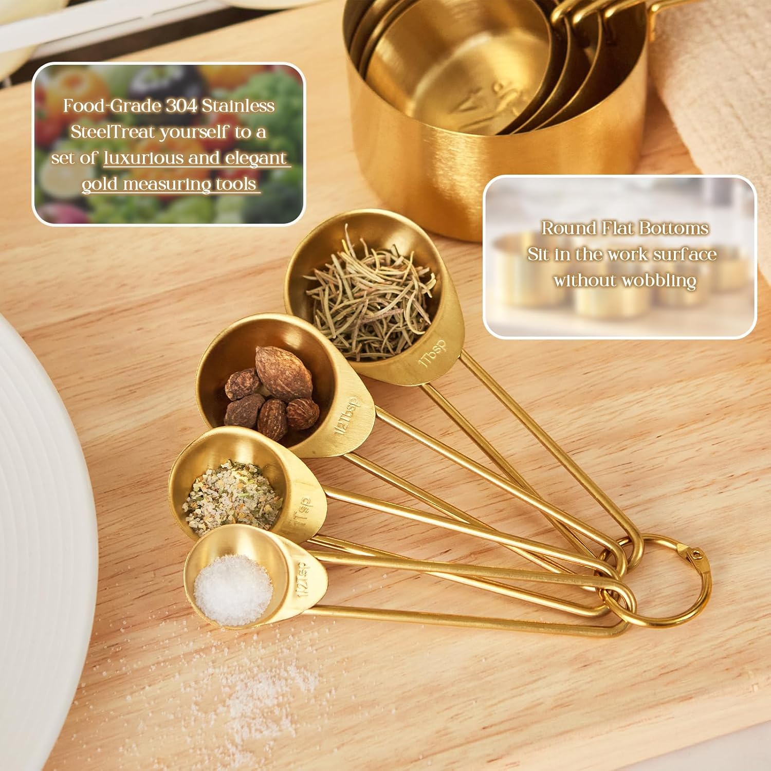 Golden 304 Stainless Steel Measuring Cups and Spoons Set,8PCS Stackable & Long Handle Fits Narrow Jars, Premium Gold