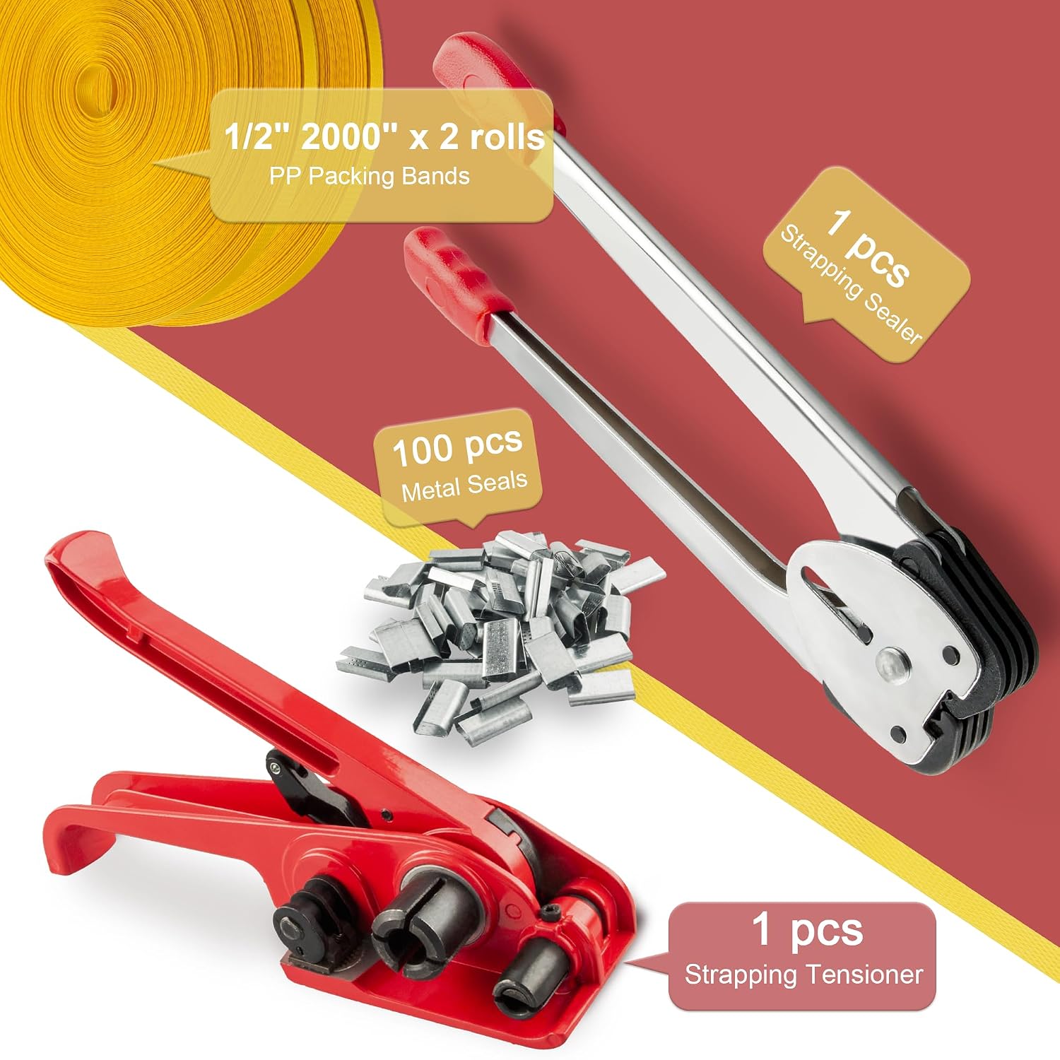 Heavy Duty Packaging Banding Strapping Kit, 4 in 1 Pallet Strapping Kit with Poly Strapping Tensioner, Banding Sealer