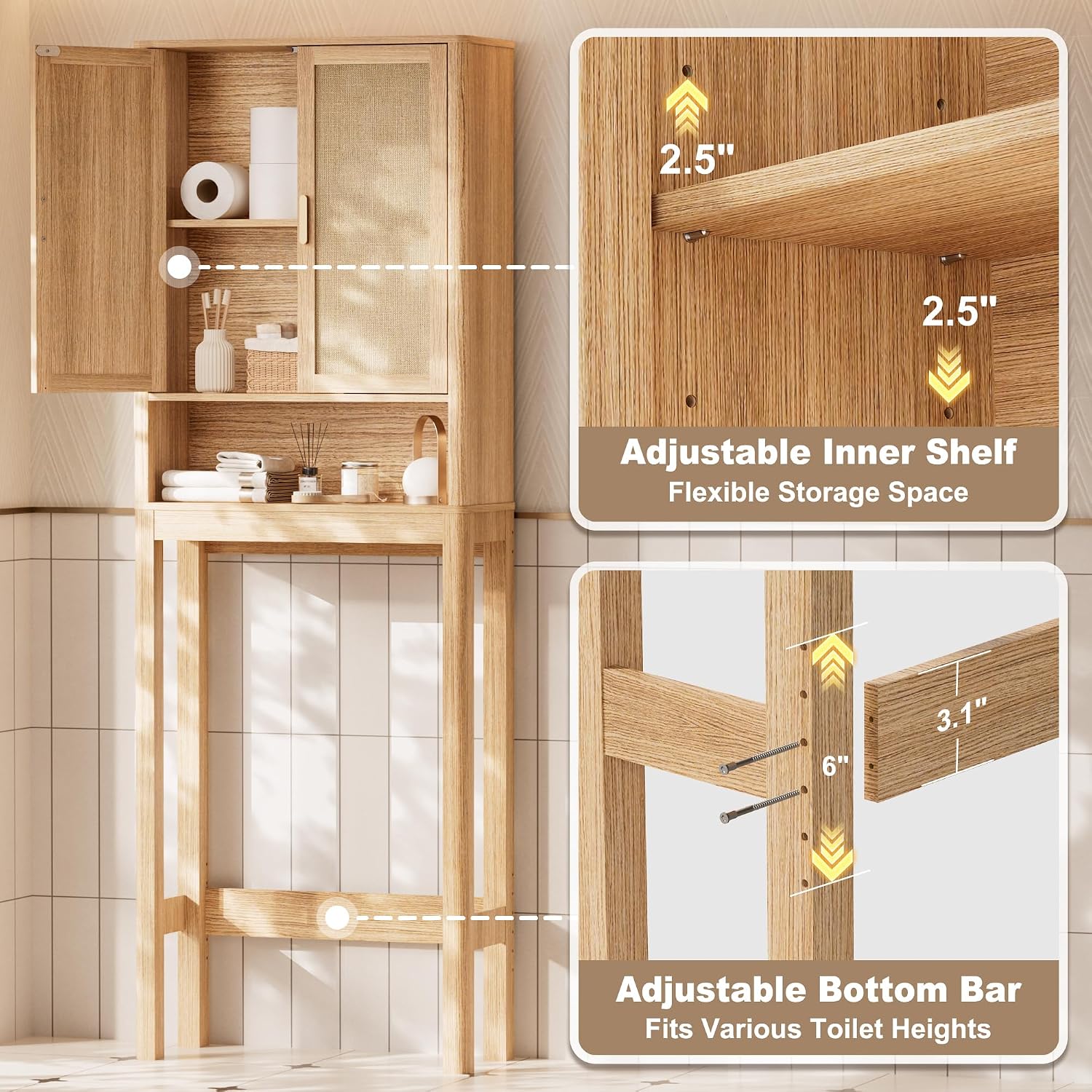 Over the Toilet Storage Cabinet, Bathroom Storage Cabinet with Rattan Doors, Bathroom Cabinet Over Toilet with