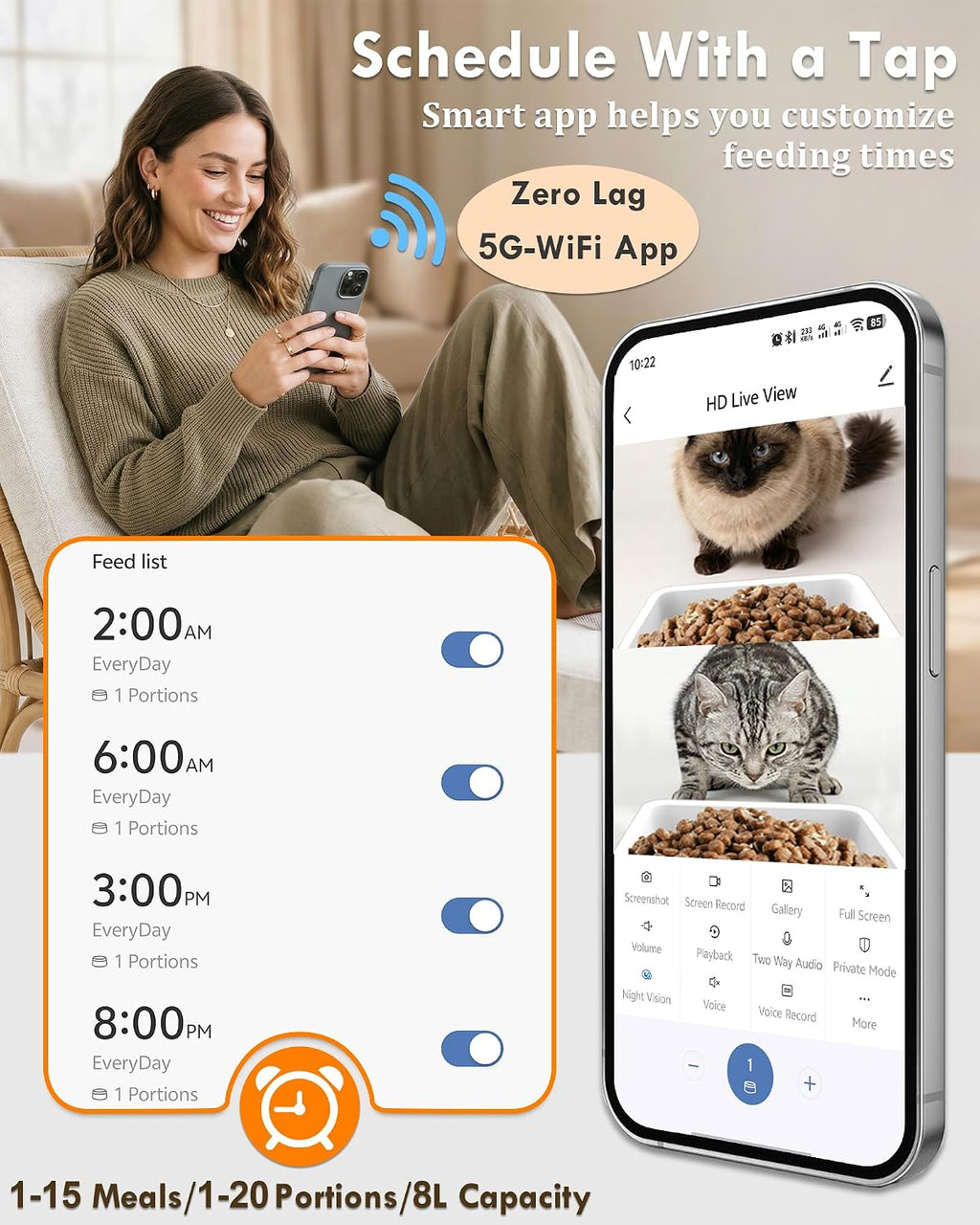 Automatic Cat Feeder for 2 Cats with Dual Bowls & Two HD Cameras