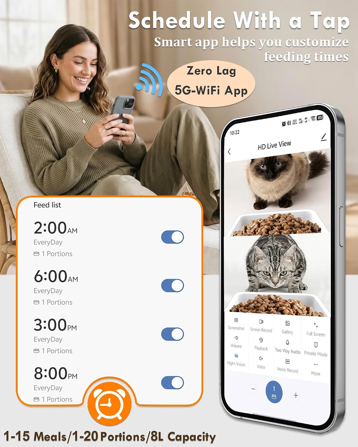 Automatic Cat Feeder for 2 Cats with Dual Bowls & Two HD Cameras