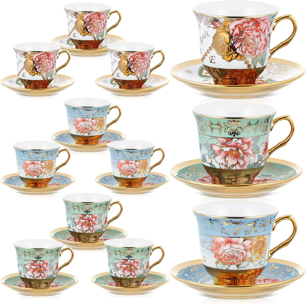 Set of 12 Tea Cups and Saucers, Classic Style, 5.4 oz