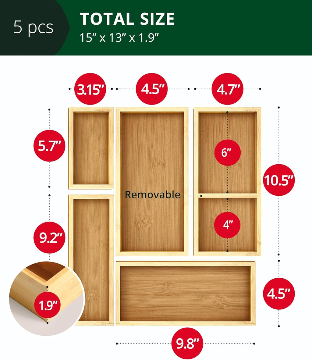 5-Piece Bamboo Drawer Organizer Set – Multi-Use Storage Trays for Kitchen, Bathroom, Office, Makeup, Jewelry & More –