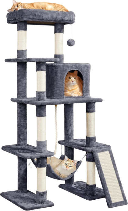 54in Cat Tree Tower for Large Cats, Multi-Level Condo & Hammock