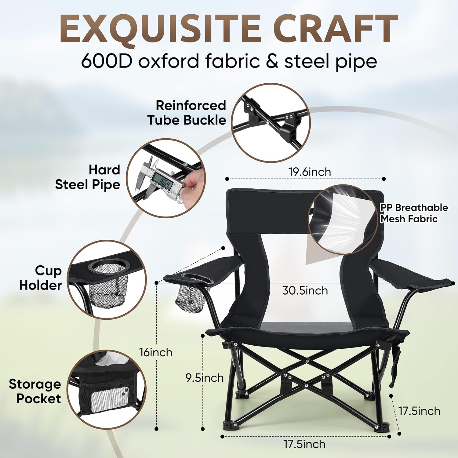 Low Beach Chairs, 3Pcs Folding Camping Chairs with Table - Black | Lawn Chair Set for Adults Fishing, Picnic
