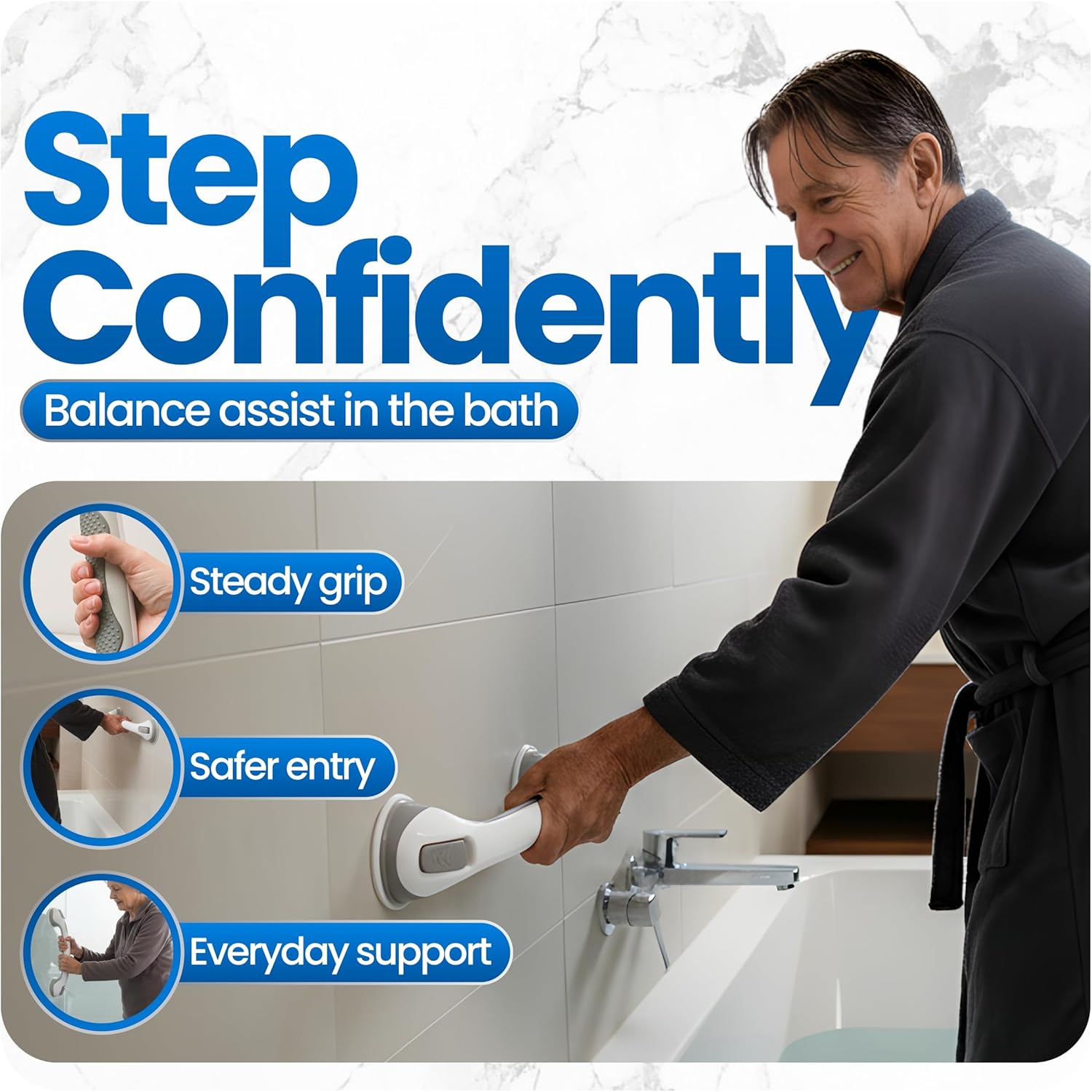 Changing Lifestyles Suction Cup Grab Bars For Bathtubs & Showers; Safety Bathroom Assist Handle, White & Grey, 16 Inches
