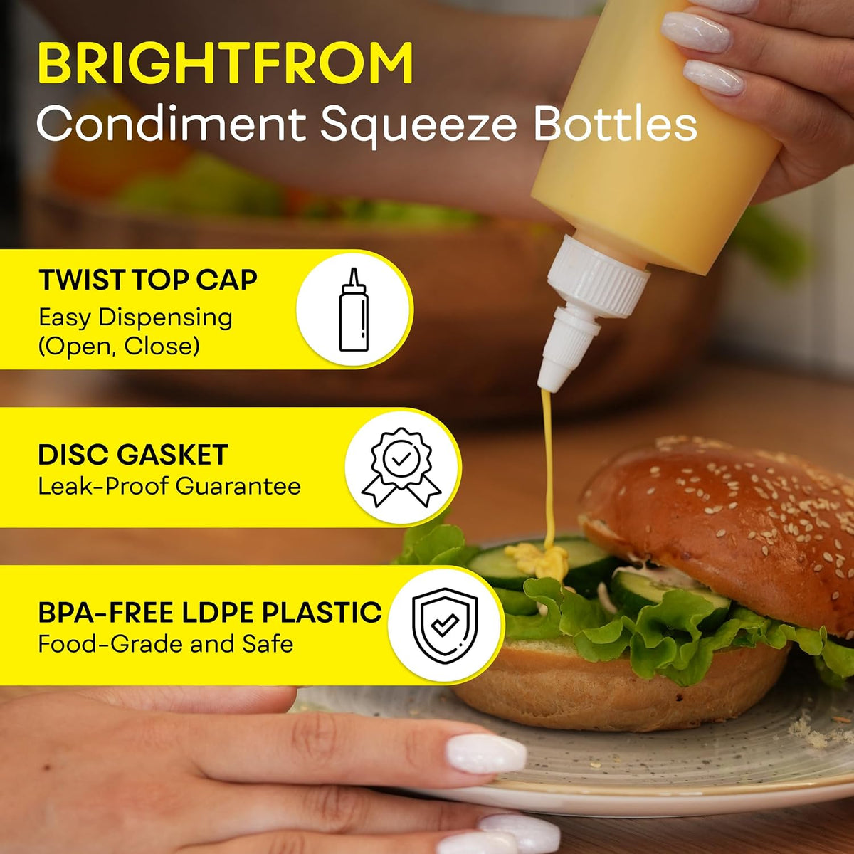 Condiment Squeeze Bottles, 12 OZ Empty Squirt Bottle with Twist Top Cap, Leak Proof - Great for Ketchup, Mustard