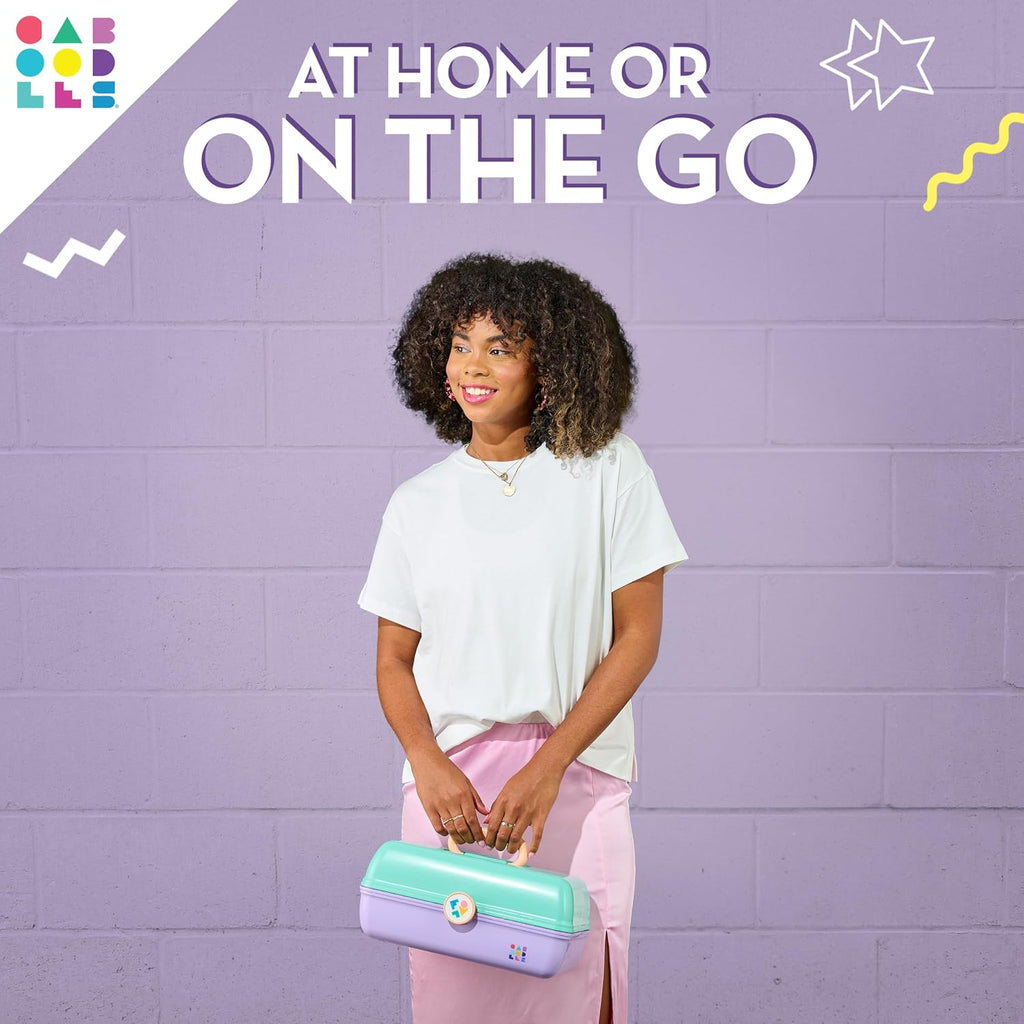 On-The-Go Girl Makeup Box, Seafoam on Lavender, Hard Plastic Makeup Organizer Box, Built-In Mirror, Secure Latch for