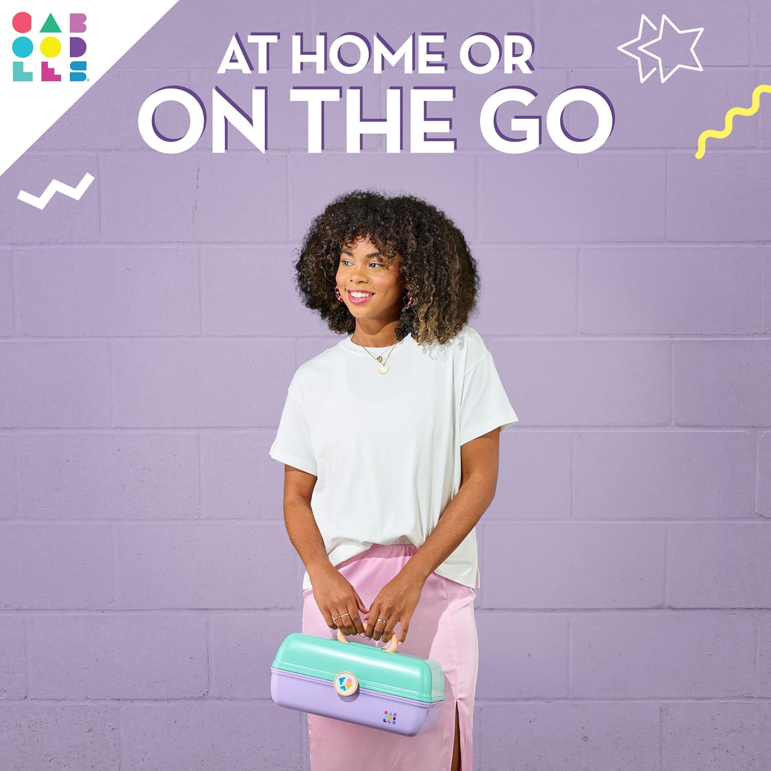 On-The-Go Girl Makeup Box, Seafoam on Lavender, Hard Plastic Makeup Organizer Box, Built-In Mirror, Secure Latch for
