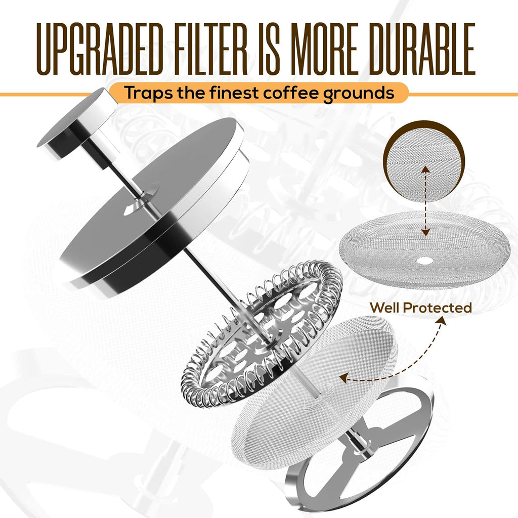304 Grade Stainless Steel French Press 34 Oz, Silver | Double Wall Insulated Coffee Press with 4-Level Filtration