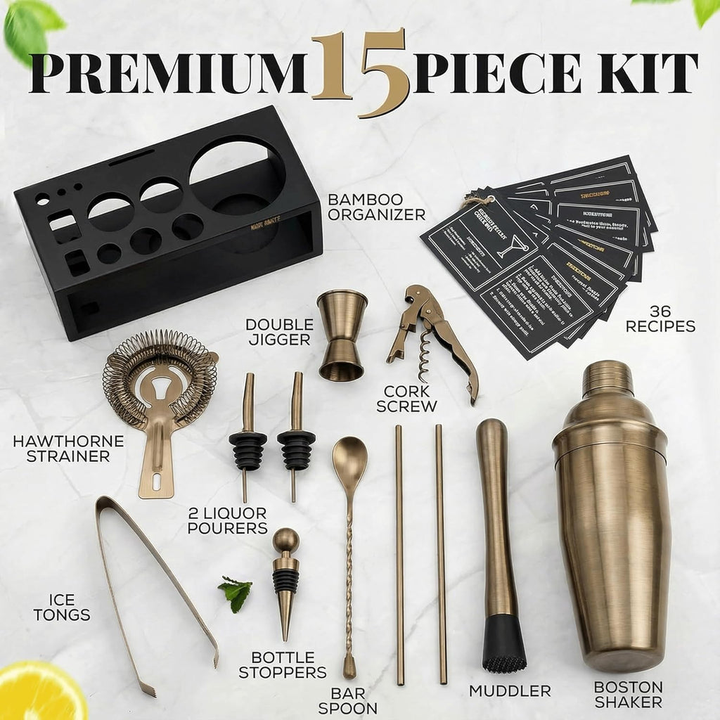 Brushed Brass Mixology Kit - 15 Piece Bar Tool Set, Silver Bar Set Cocktail Shaker Set for Drink Mixing - Includes
