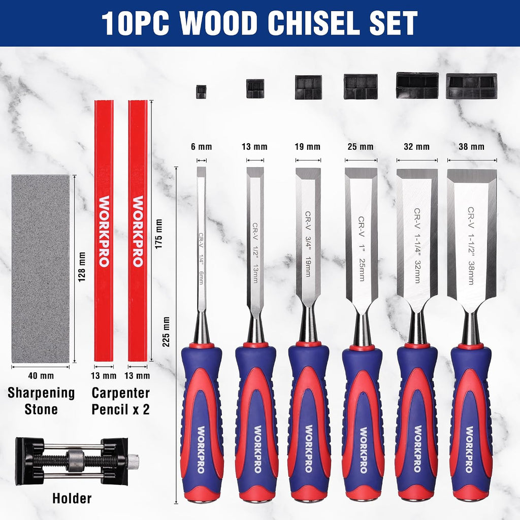 10-Piece Wood Chisel Set for Woodworking, Cr-V Bevel Edge Chisels (1/4", 1/2", 3/4", 1", 1-1/4", 1-1/2") with