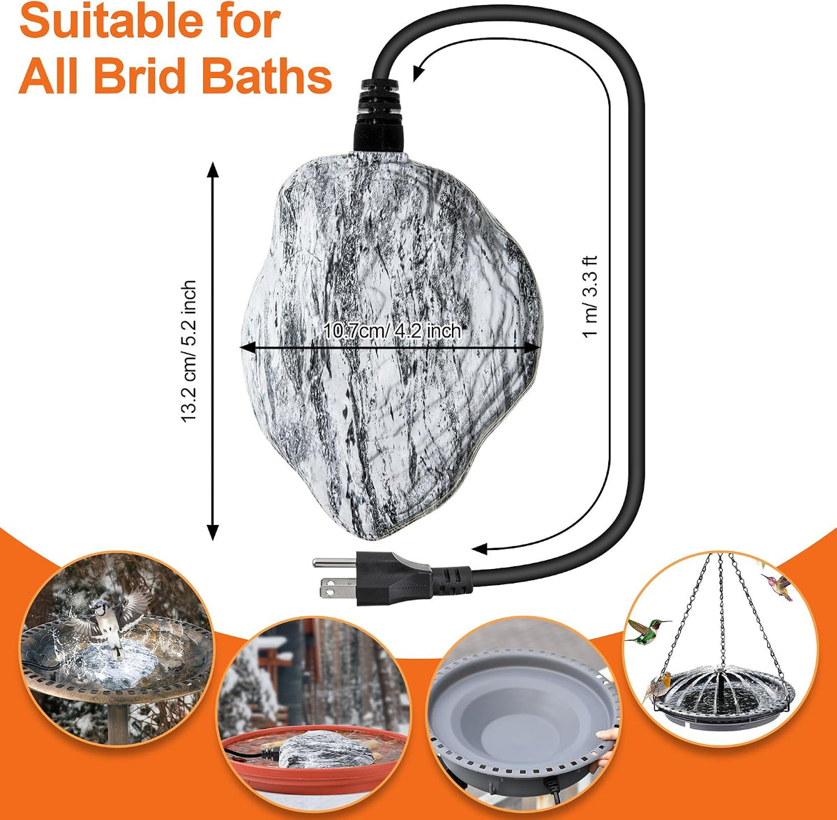 Bird Bath Deicer Heated Rock, 80W, Aluminum Base, 1 Pack, White