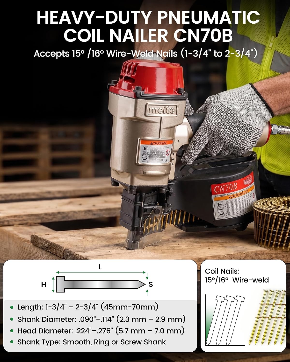 CN70B Coil Nailer Pneumatic Nail Gun for 15 Degree 1-3/4" to 2-3/4"