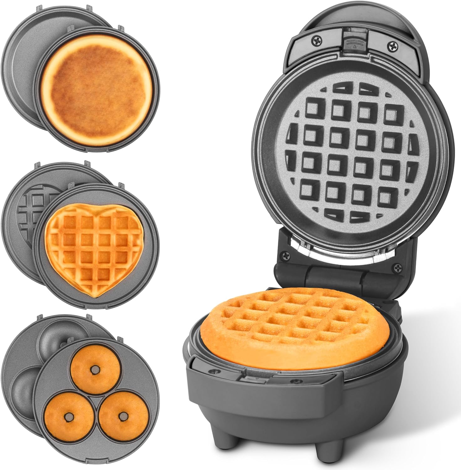 4 in 1 Mini Waffle Maker with Removable Plates, A Set of Mini Pancake Maker, Mini Donut Maker, Mini Heart Shape