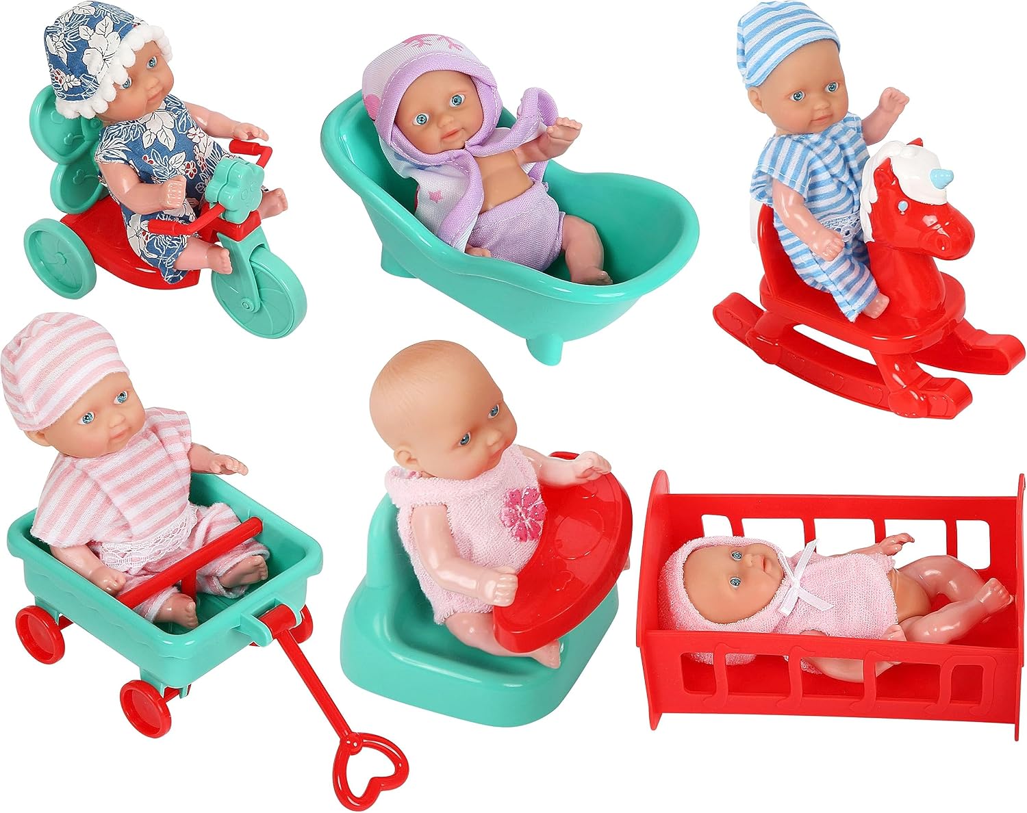 6 Mini Doll Set - 5" Inch Baby Girl Toy - Princess Toys Dolls - Baby Doll Crib, High Chair, Bathtub, Horse See Saw