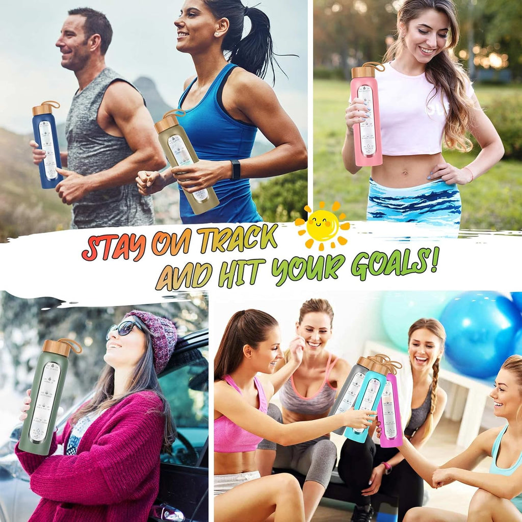 Glass Water Bottles 25 Oz with Silicone Sleeve - BPA Free Reusable Wide Mouth Glass Motivational Water Bottles with