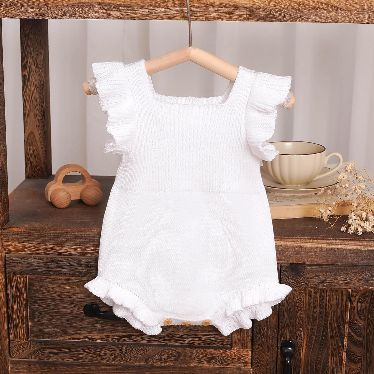 Baby Girl Ruffle Knit Romper Outfit Set, Sleeveless Knitted Bodysuit with EyeletBow Turban Headband and Bow Socks