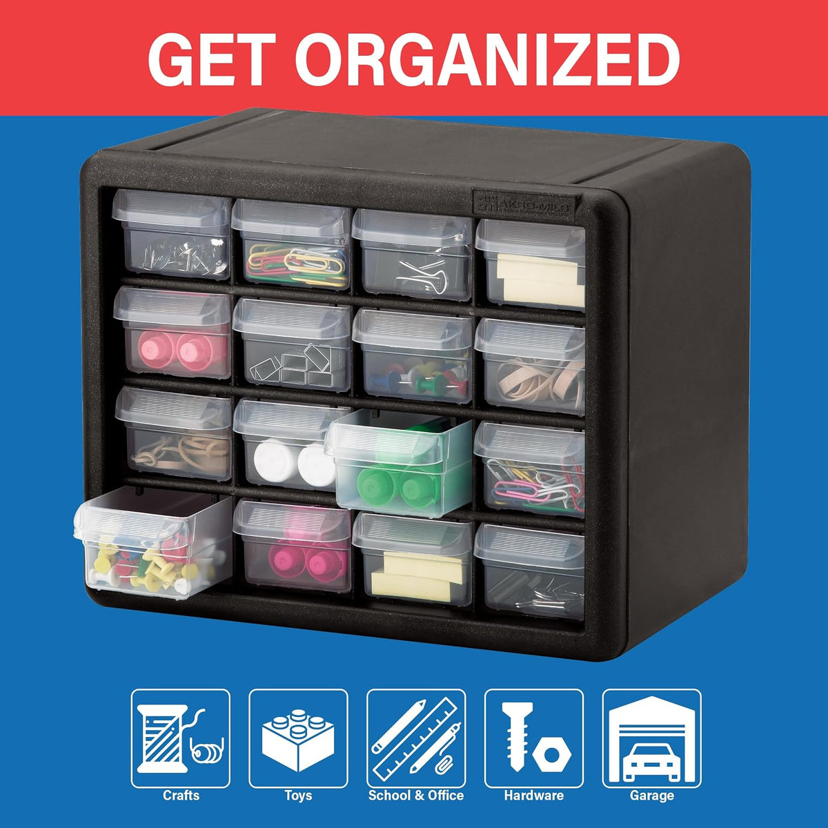 16-Drawer Plastic Storage Cabinet, 10.5"W x 6.5"D x 8.5"H, Black