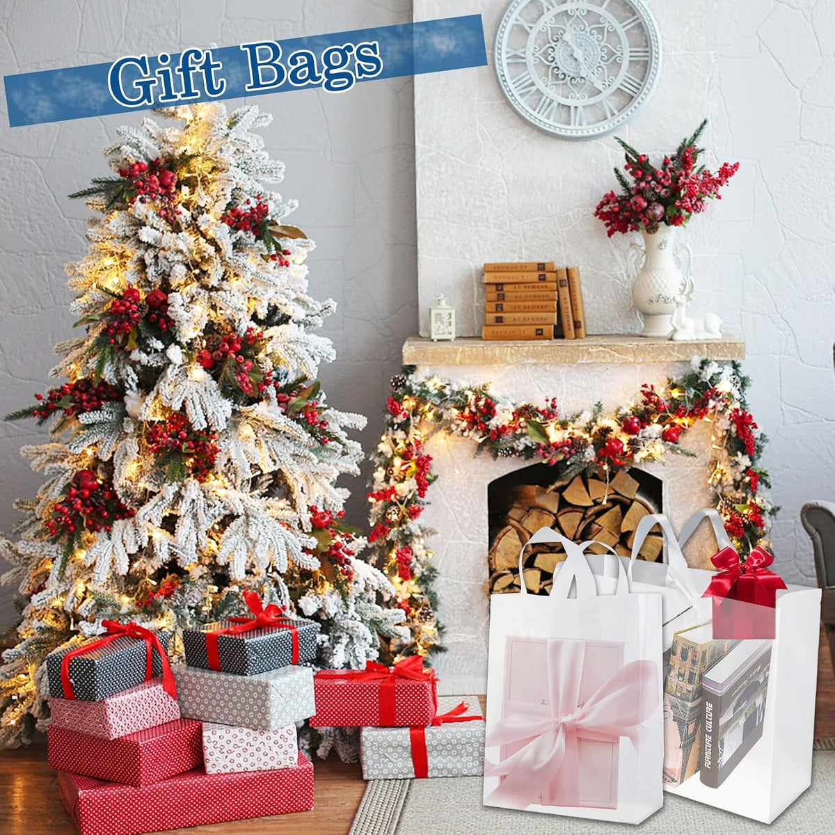 Plastic Bags with Handles - 110 Pack Clear Frosted Gift Bags with Cardboard Bottom, 25LB Thickened Boutique Bags Bulk
