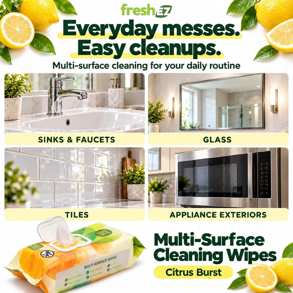 Multi-Surface Cleaning Wipes, 2 Packs x 100 Wipes, Thick No-Rinse No-Residue Surface Wipes for Kitchen, Bathroom