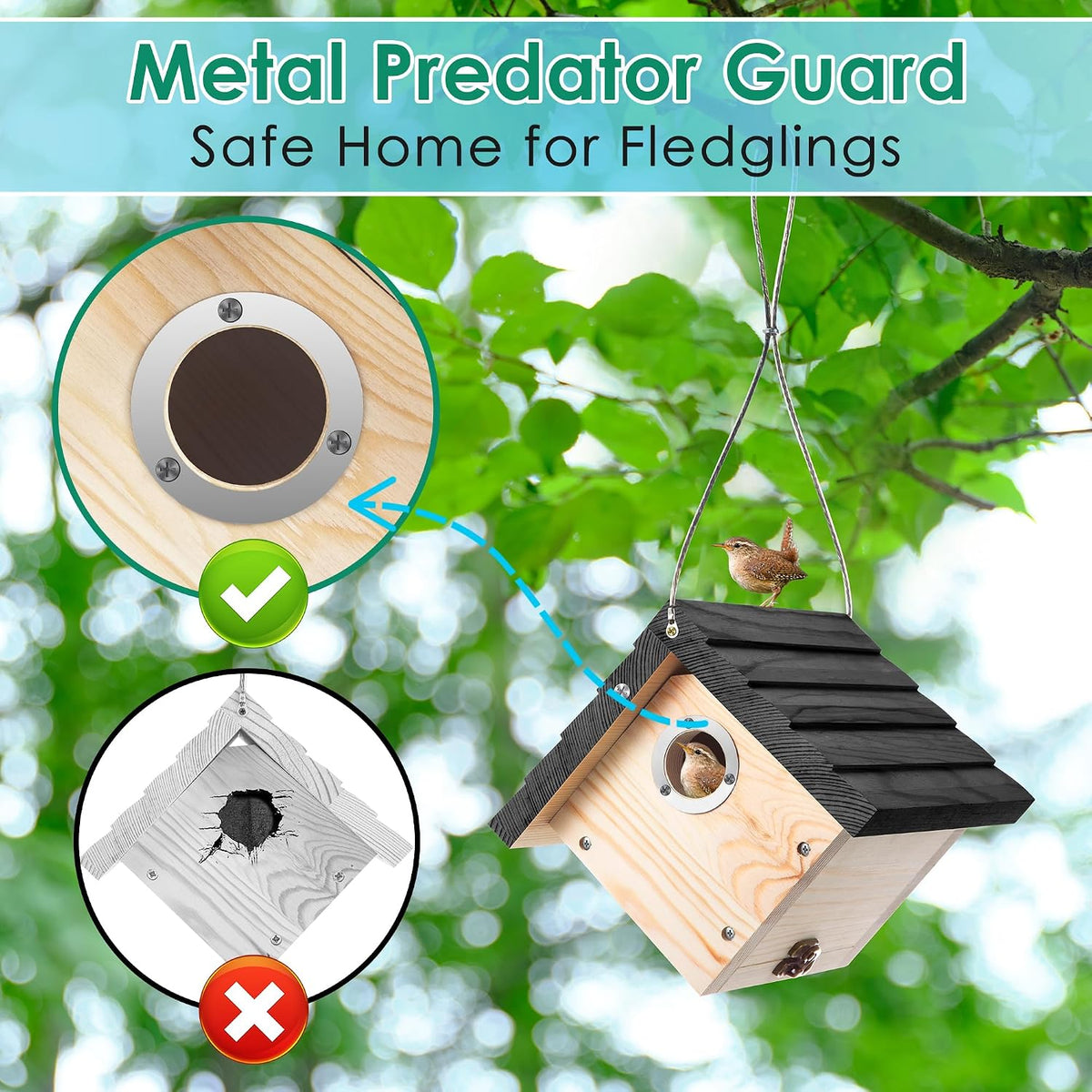 1 Pack Wren House, 1-1/8'' Entrance Hole Hanging Wooden Wren Bird Houses for Outside with Metal Guard, Air Vents
