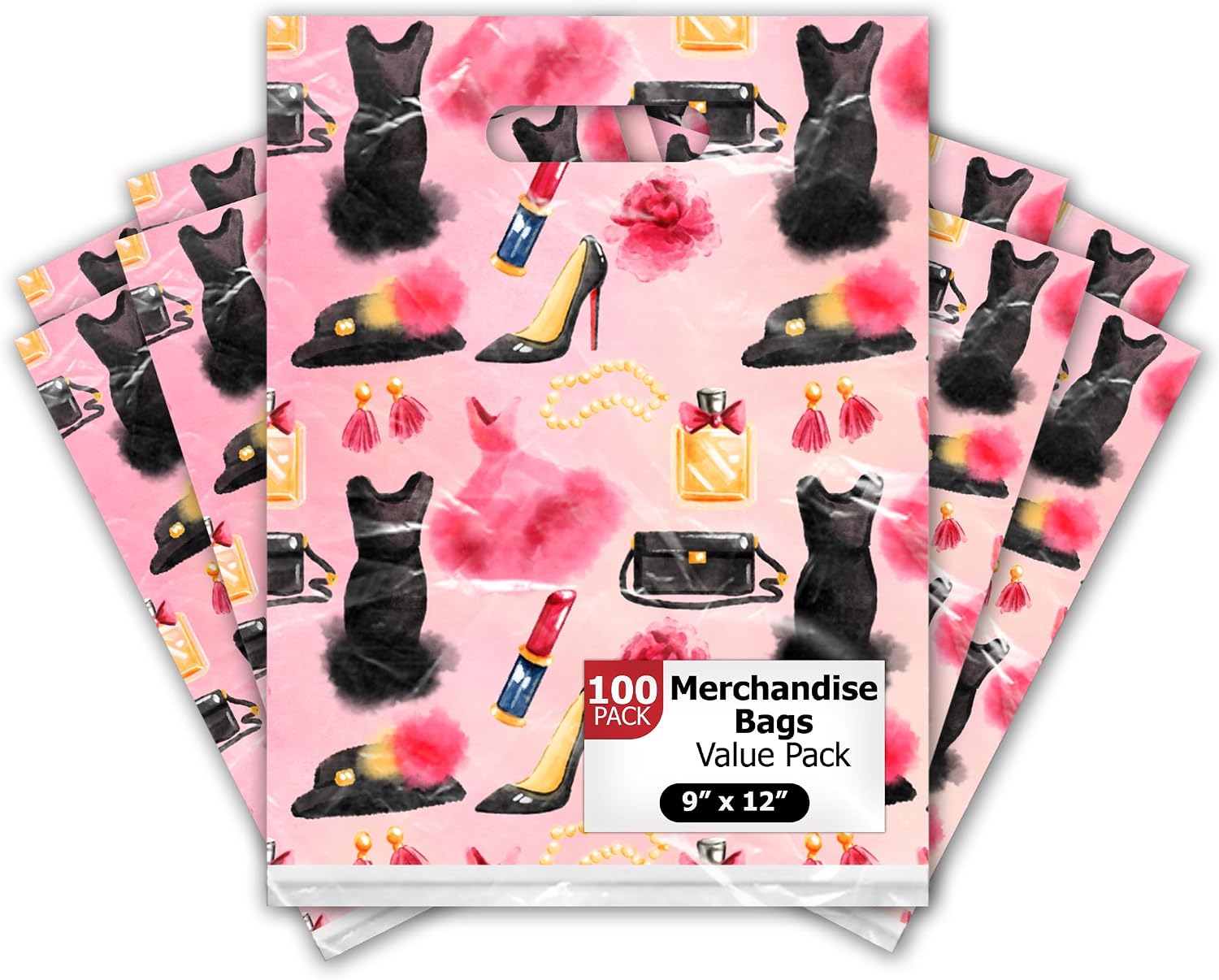 9x12 100 Count Fashion Makeup Boutique Designer Retail Merchandise Bags with Die Cut Handles Premium Printed Shopping