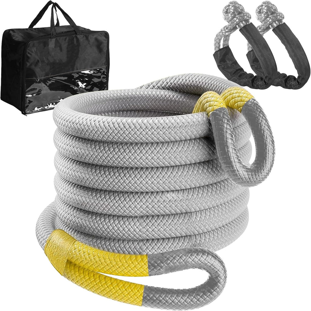 1" x 30' Kinetic Recovery Tow Rope (48,500lbs) with 2 Soft Shackles (56,000 lbs), Heavy Duty Offroad Towing Straps