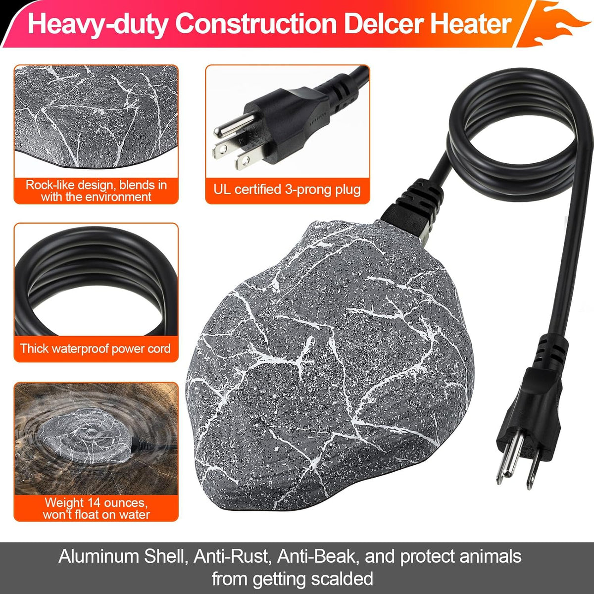 Bird Bath Deicer Heated Rock, 80W, Aluminum Base, 1 Pack, Grey