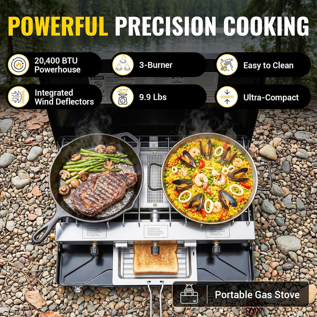 Camping Stove, Propane Portable Camp Stove, 20400BTU-3 Burners | With Toaster & Regulator, Push-Button Instant