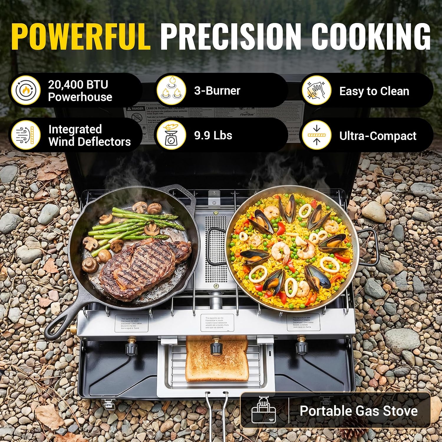 Camping Stove, Propane Portable Camp Stove, 20400BTU-3 Burners | With Toaster & Regulator, Push-Button Instant