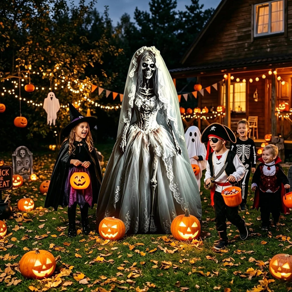5.4ft Halloween Ghost Bride Cardboard Cutout Scary Skeleton Woman Standee Props Haunted House Party Decorations