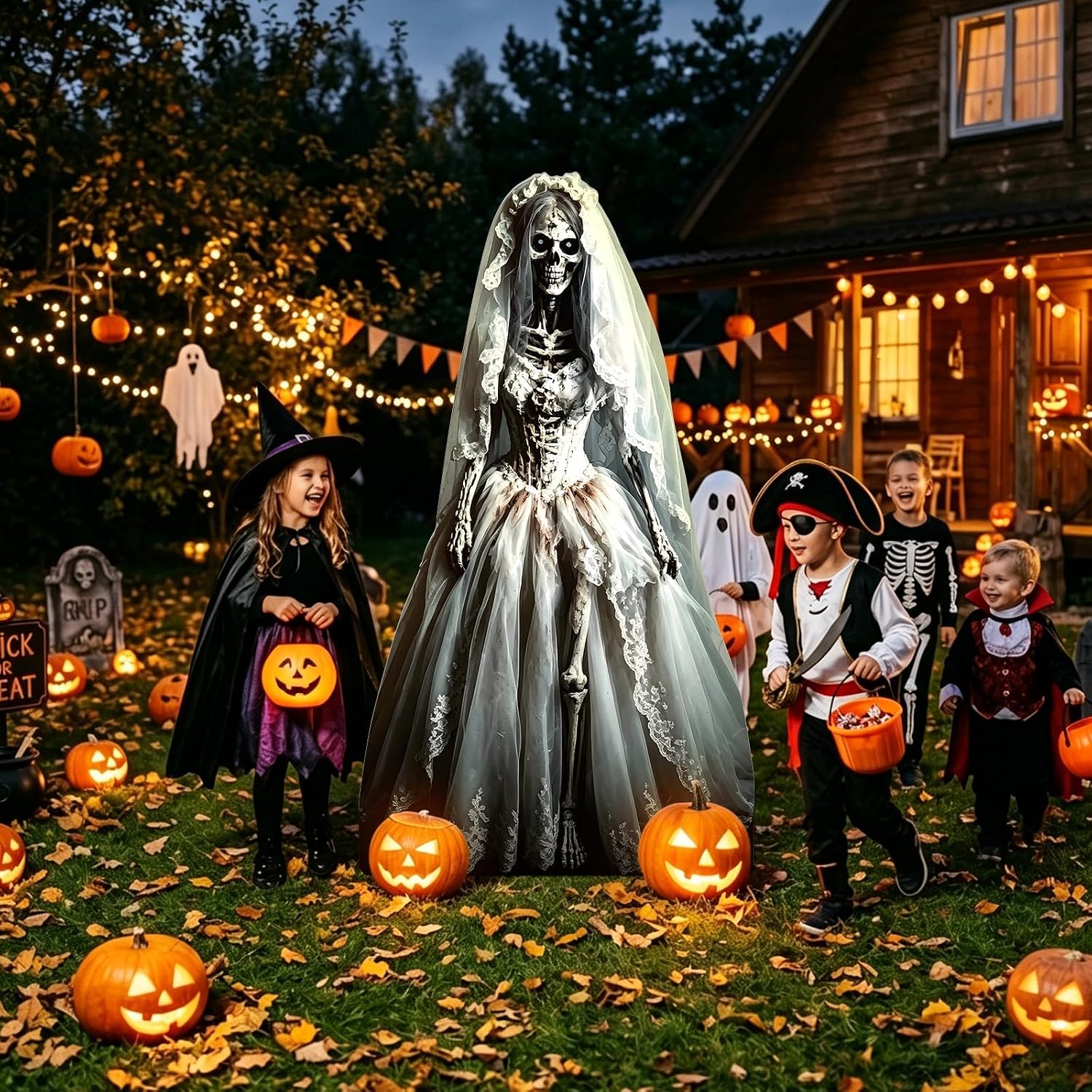 5.4ft Halloween Ghost Bride Cardboard Cutout Scary Skeleton Woman Standee Props Haunted House Party Decorations