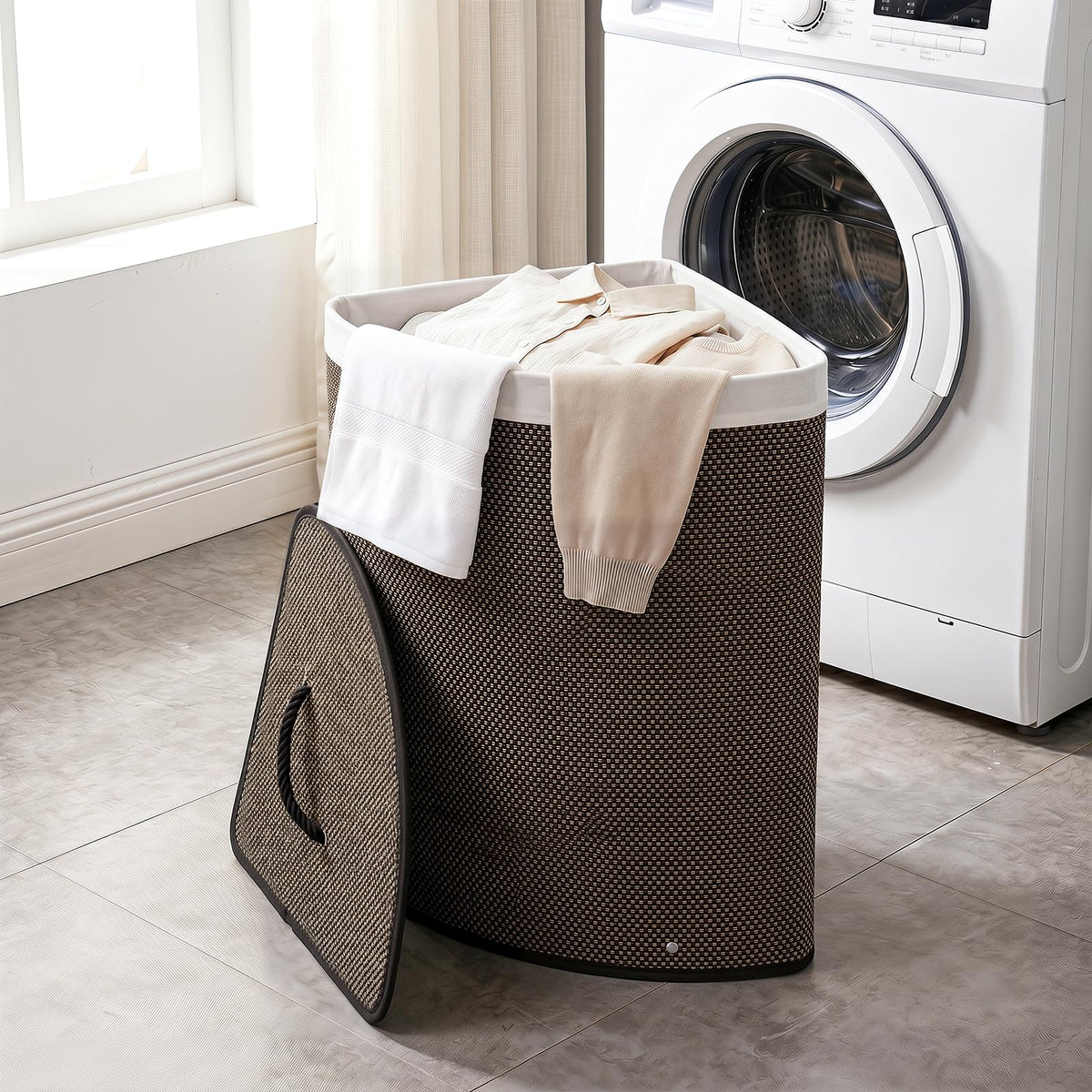 15 Gal Corner Laundry Hamper w/Lid, Removable Liner, Handle Taupe