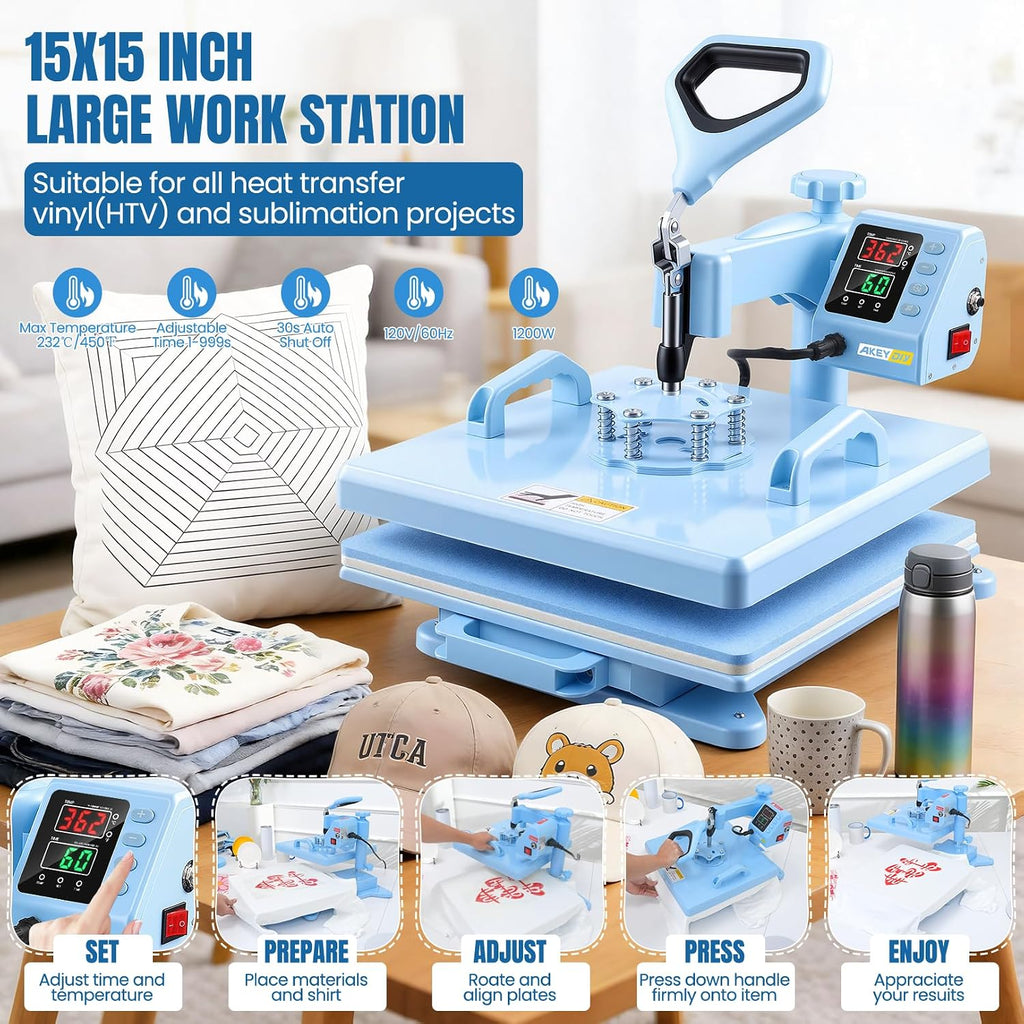 15"×15" 5 in 1 Heat Press Machine, 360° Swing Away & Slide Out Design, Digital Controal Box Dual-Tube Fast Heating