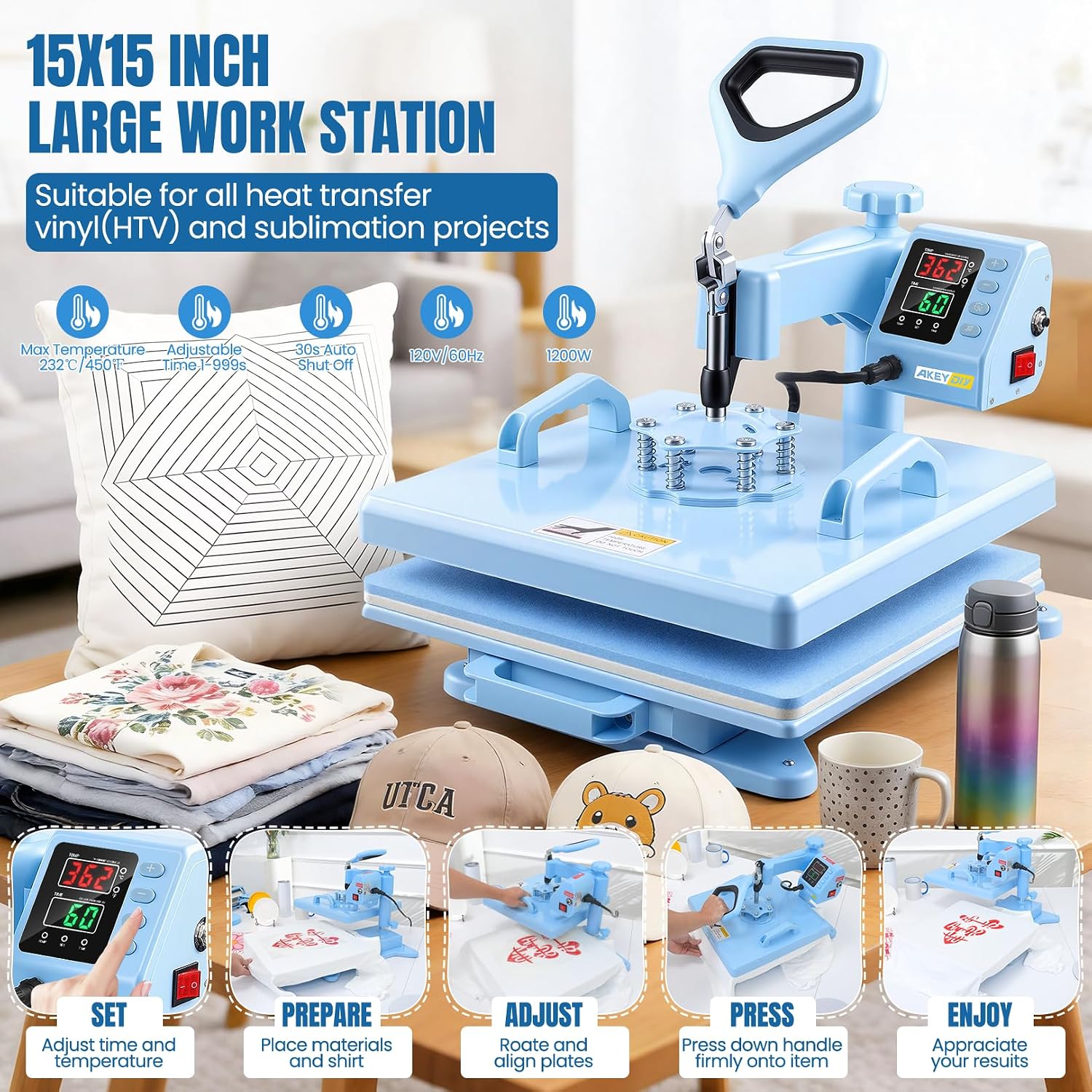 15"×15" 5 in 1 Heat Press Machine, 360° Swing Away & Slide Out Design, Digital Controal Box Dual-Tube Fast Heating