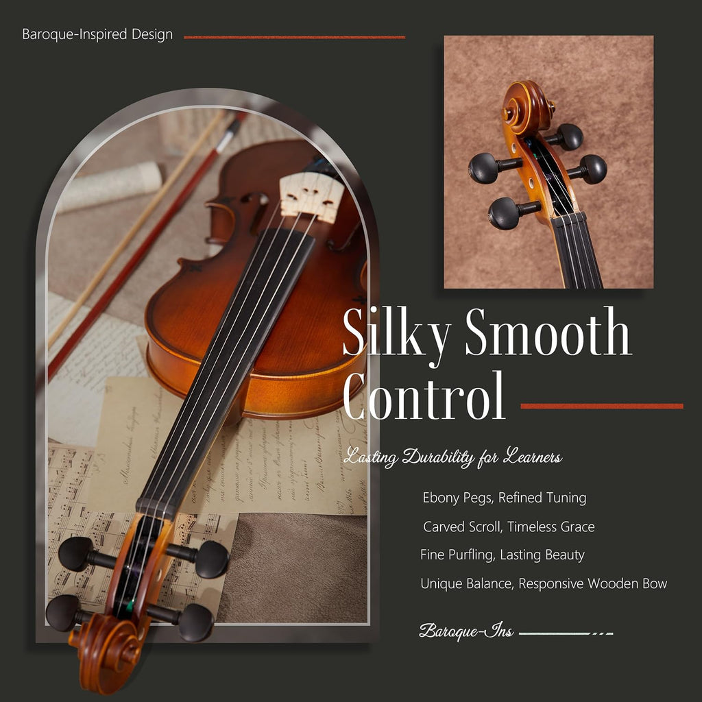 Handcrafted Full Size Violin: Solid Wood Matte Fiddle, Acoustic Beginner 4/4 Violin Kit with Hard Case, Lesson Book