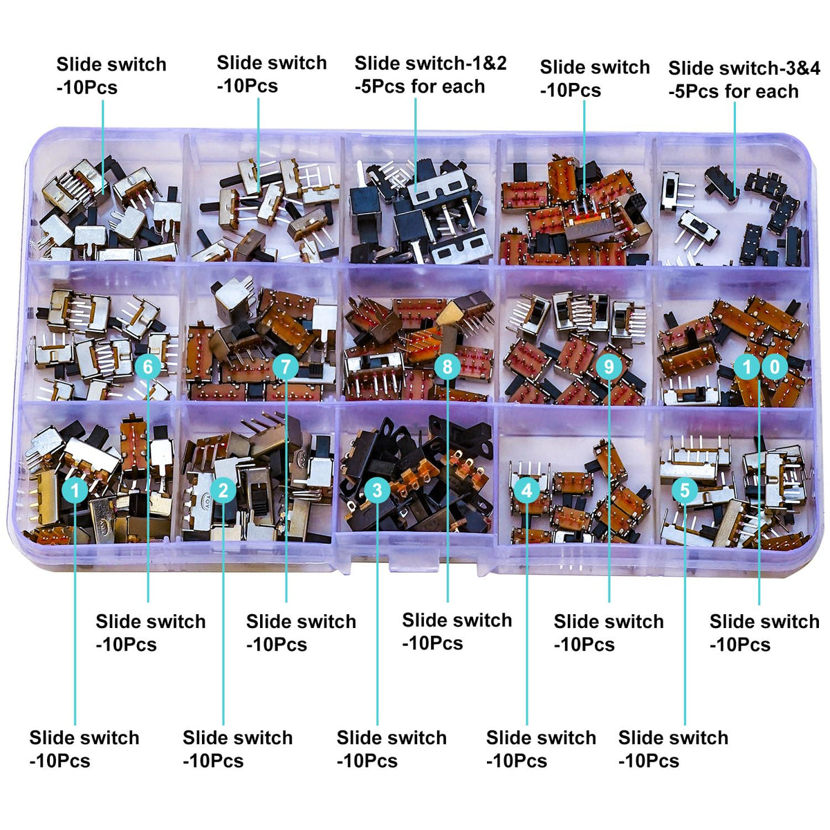 Slide Switch Assorted Kit, Mini Micro PCB Panel Slide Switch 2Pin 3Pin 4Pin ON/Off ON/Off/ON Switch Arduino Breadboard Electronic Dip SlideSwitch for Electronics DIY Assortment Kit