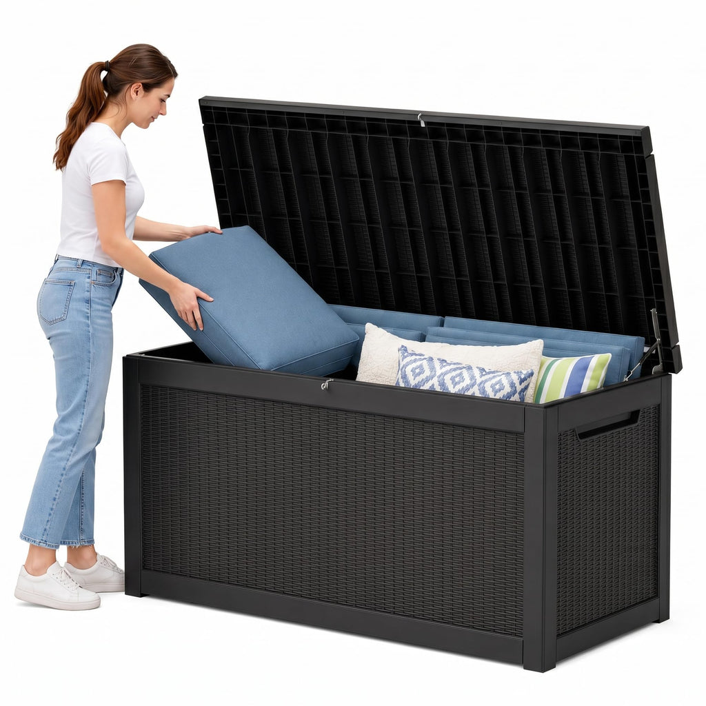 350 Gallon Extra Large Outdoor Storage Box，Resin Waterproof Deck Box，Black