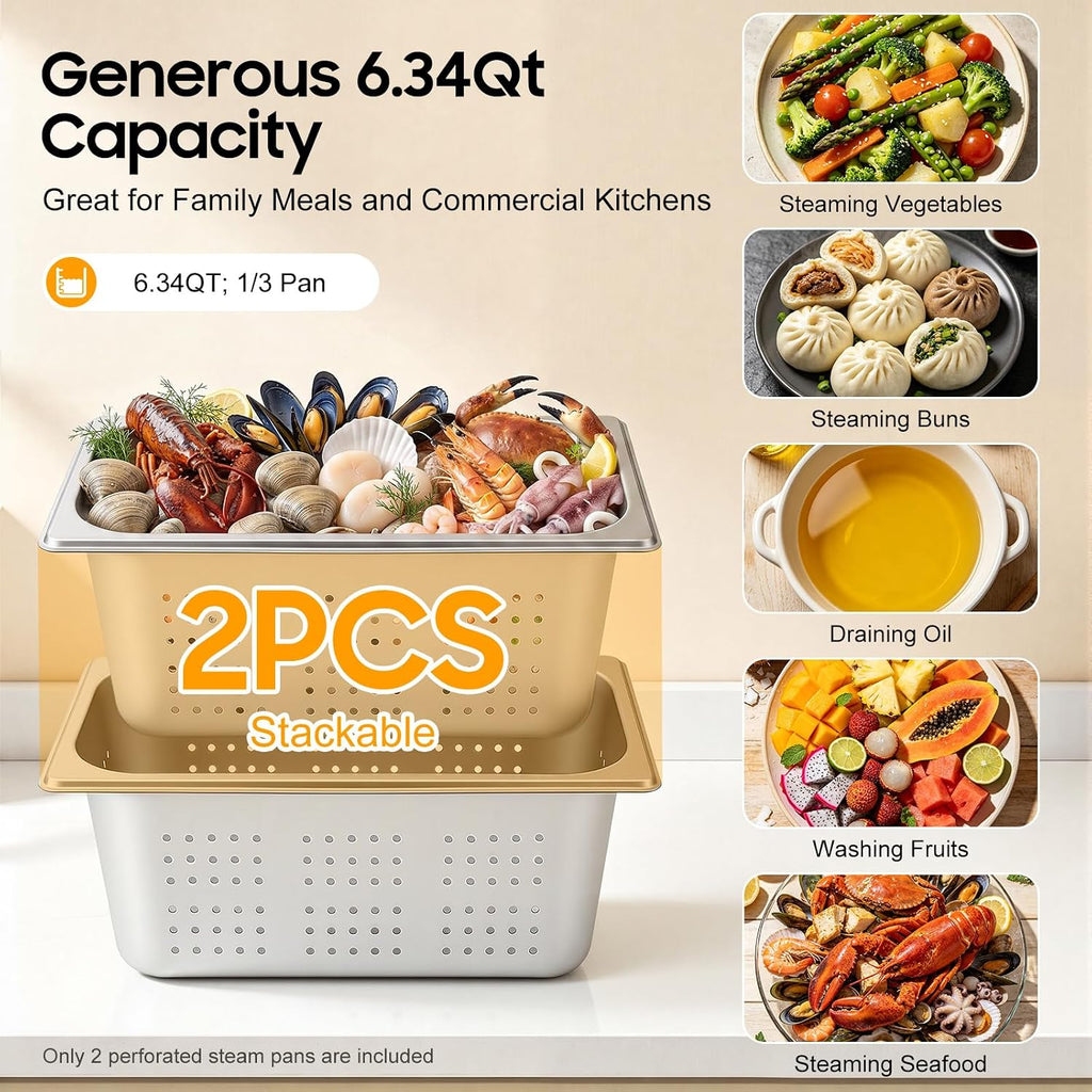 2Pcs 1/3 Size 6 Inch Deep Stainless Steel Perforated Steam Pans