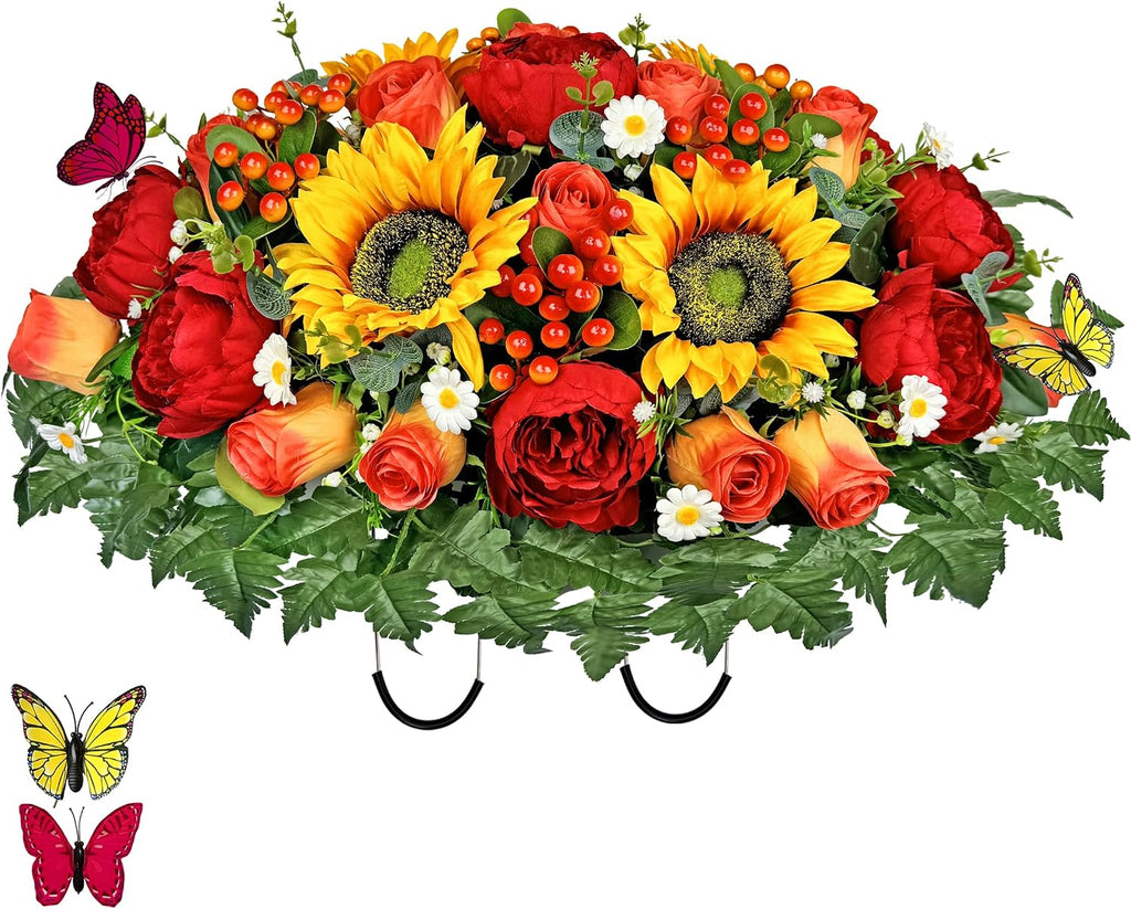 Artificial Cemetery Flowers for Outdoor Grave Decorations - Sympathy Headstone Flower Saddle - Realistic Sunflower Rose